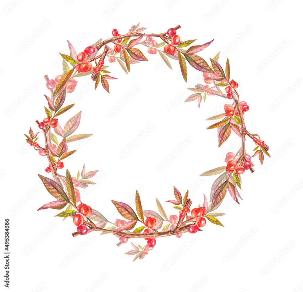 A frame of red watercolor berries on a twig with leaves highlighted on a white background. Watercolor illustration with berries and leaves. Suitable for design, packaging, postcards, invitations A frame of red watercolor berries on a twig with leaves highlighted on a white background. Watercolor illustration with berries and leaves. Suitable for design, packaging, postcards, invitations