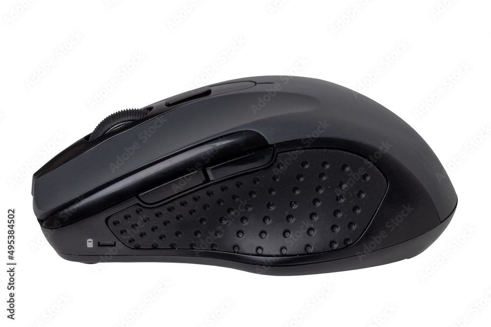 Wireless black computer mouse isolated on a white background. Home office, remote work during corona pandemic. Clipping path. Macro. Wireless black computer mouse isolated on a white background. Home office, remote work during corona pandemic. Clipping path. Macro.