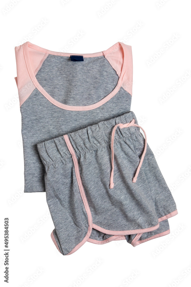 Obraz premium Night gown isolated. Close-up of gray pink female sexy nightwear summer set of shorts and a top or shirt isolated on a white background. Clipping path. Fashionable night wear or nighties.