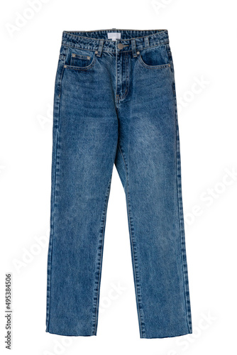 Jeans isolated. Trendy stylish blue denim pants or trousers isolated on a white background. Clipping path. summer and autumn fashion. Front view.