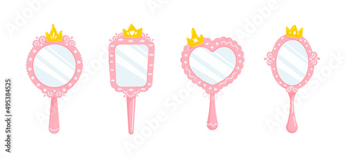 Princess hand mirror.Set of pink mirrors with gold crown for girl.Cartoon style
