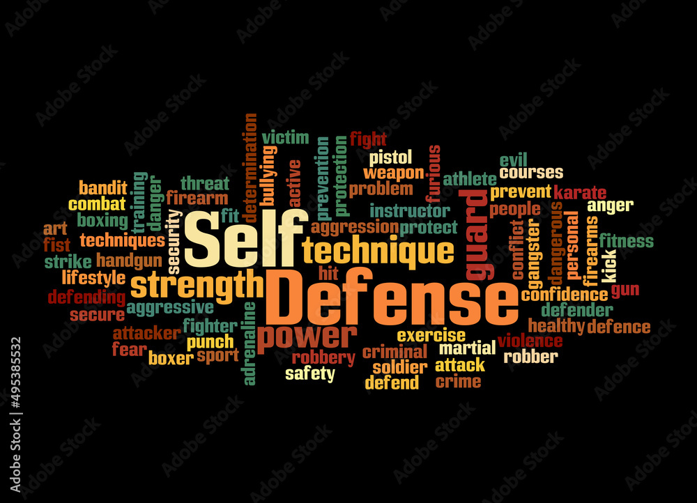 Word Cloud with SELF DEFENSE concept, isolated on a black background Word Cloud with SELF DEFENSE concept, isolated on a black background