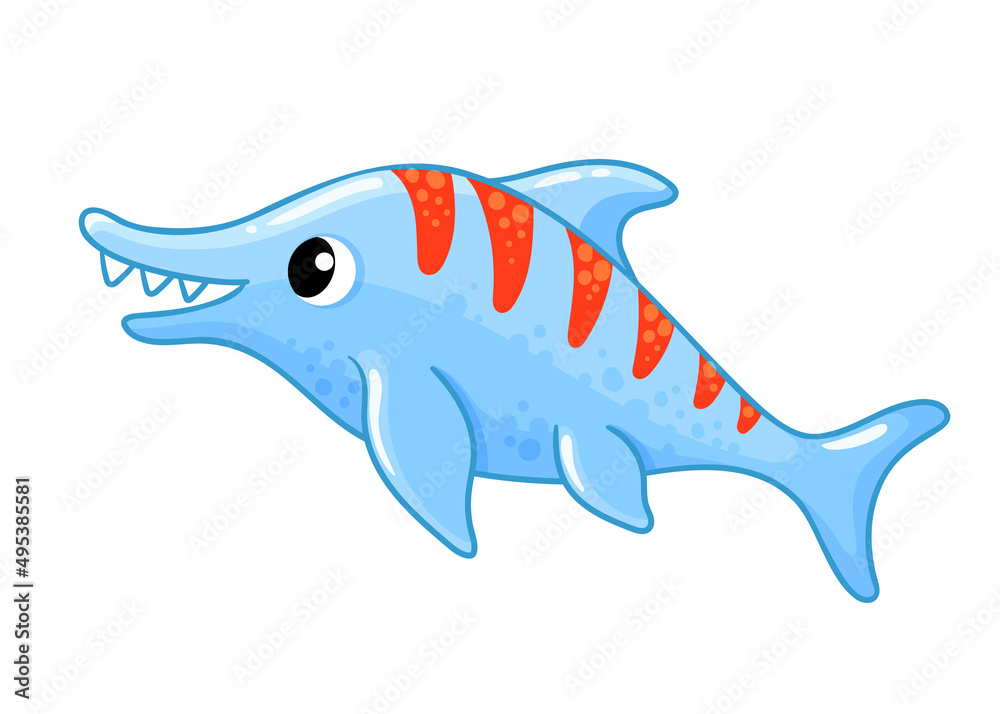 Vector illustration with an ichthyosaur which stands. Cute dinosaur in cartoon style. Vector illustration with an ichthyosaur which stands. Cute dinosaur in cartoon style.