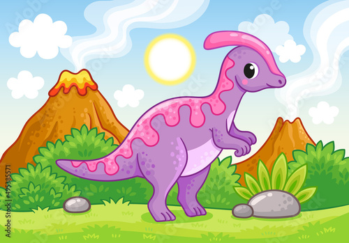 Vector illustration with an parasaurolophus. Cute dinosaur in cartoon style. © svaga