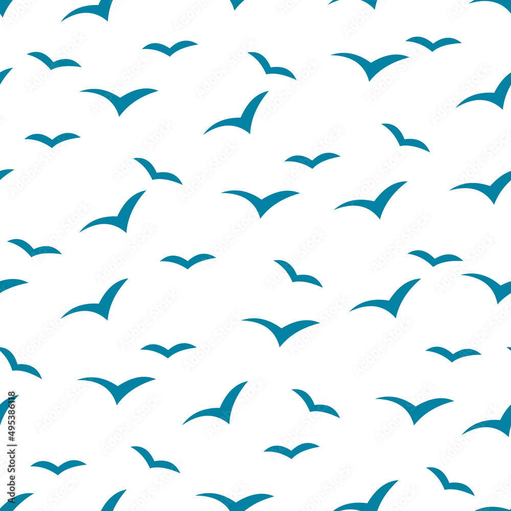 Seamless pattern with birds on white background. Blue silhouettes of seagulls flying in the sky. Vector illustration. Seamless pattern with birds on white background. Blue silhouettes of seagulls flying in the sky. Vector illustration.