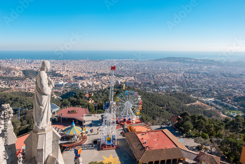 Aerial view (panoramic or landscape) of Barcelona (Catalonia, Spain) from the highest point of the Tibidabo mountain and amusement park