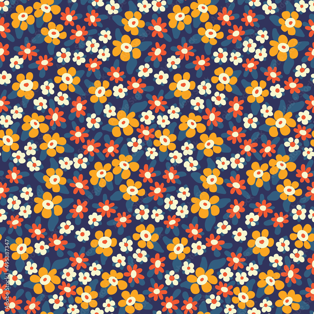 Cute floral print with small flowers in different colors, leaves on a dark field. Seamless pattern, simple botanical background with painted meadow. Nice floral texture with small plants. Vector.