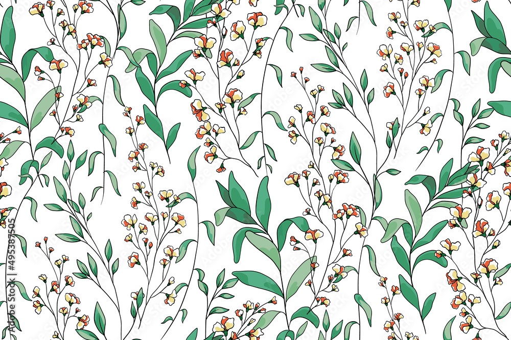 Delicate floral print, seamless pattern with gently painted flower branches, leaves, foliage and herbs on a light field. Romantic botanical background with pastel plants. Vector illustration.