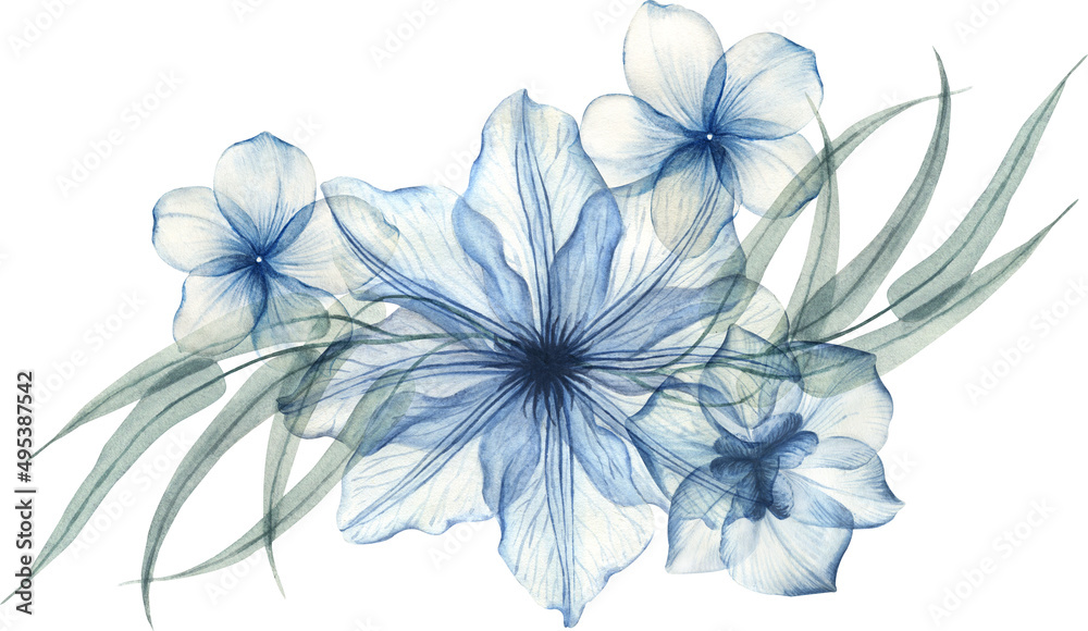Watercolor floral illustration, dusty blue flowers with transparent petals and leaves. Hand painted watercolor bouquet on a white background 