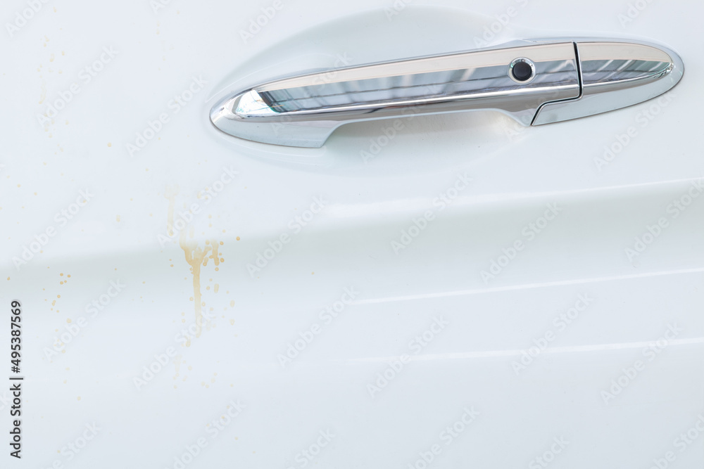 The door handle of the car is scratched and coffee stains on white car doors, car cleaning, car painting. Car care and wash concept. The door handle of the car is scratched and coffee stains on white car doors, car cleaning, car painting. Car care and wash concept.