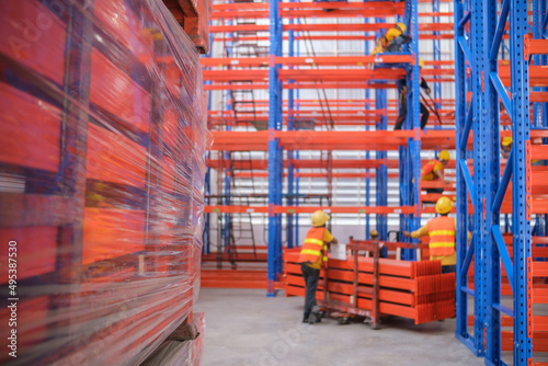 install Modern interior of new empty warehouse. Racks pallets shelves. Metal construction. Storage equipment. Distribution storehouse. empty