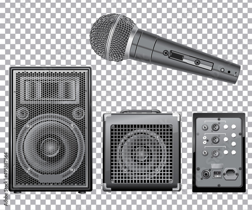 Musical equipment without a background. Amplify, speakers and microphone.