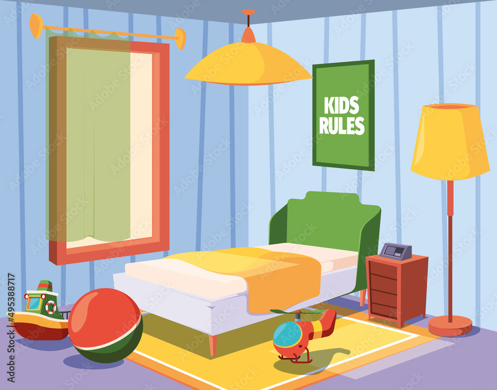 Kids bedroom. Modern soft furniture bed in room corner indoor template suburban style garish vector cartoon interior Kids bedroom. Modern soft furniture bed in room corner indoor template suburban style garish vector cartoon interior