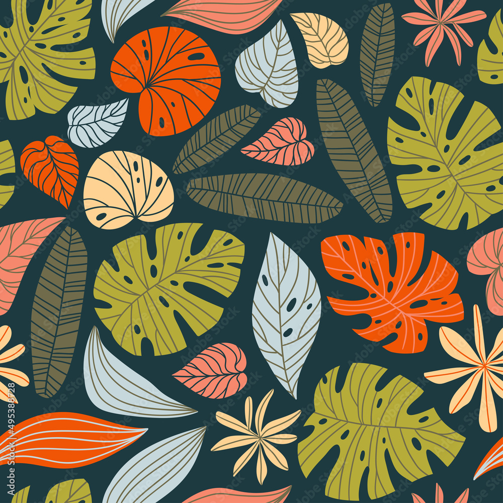 Seamless pattern with tropical leaves. Beautiful print with hand drawn exotic plants. Fashion botanical fabric design. Vector illustration. Seamless pattern with tropical leaves. Beautiful print with hand drawn exotic plants. Fashion botanical fabric design. Vector illustration.