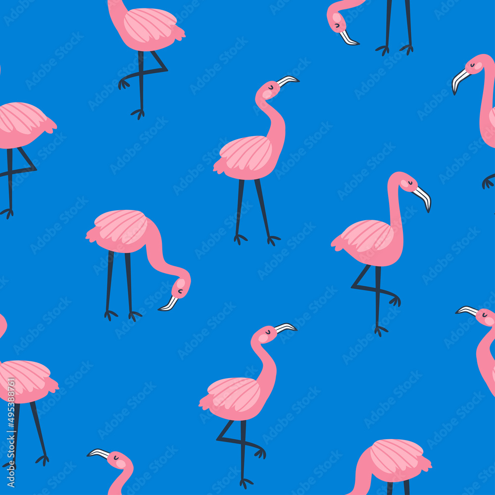 Naklejka premium Simplicity seamless pattern with pink flamingo on the blue background. Vector fabric bird design.