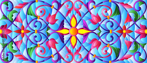 Illustration in stained glass style with abstract flowers, leaves and curls on blue background, horizontal orientation