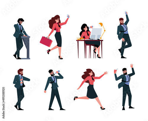 Office drinking. Business managers talking and drinking water from refreshing coolers garish vector flat characters standing
