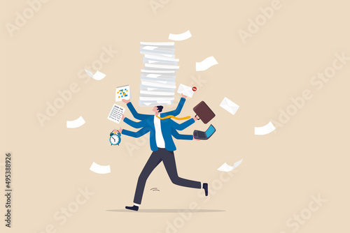 Busy work and multitasking employee, hurry to finish many documents within deadline and schedule, overworked or exhausted from overload tasks concept, stressful businessman carry busy work to finish. photo