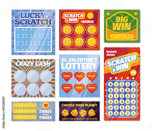 Lottery tickets. Scratching printing lottery winning royal cards with victory prizes garish vector templates colored set