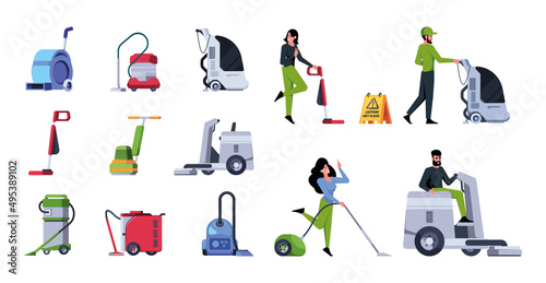 Cleaning staff workers. Professional commercial cleaning service team with industrial vacuum cleaner flooring with mops garish vector pictures set