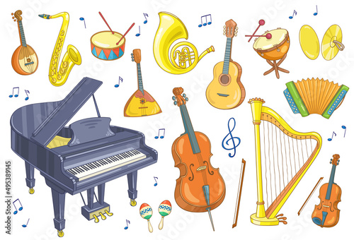 Set of musical instruments. In cartoon style. Isolated on white background. Vector illustration.