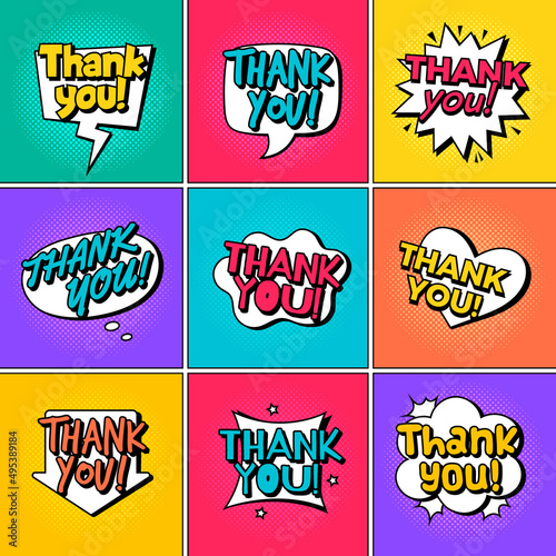 Thank you logo. Decorative text message word advertising templates badges creative stickers recent vector thank you lettering set