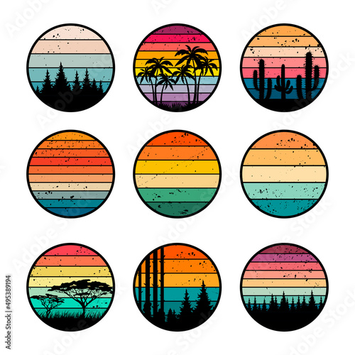 Sunset retro badges. 90s vintage stylized colored gradients templates for labels design grunge surfing ocean logos recent vector vector collection set © ONYXprj