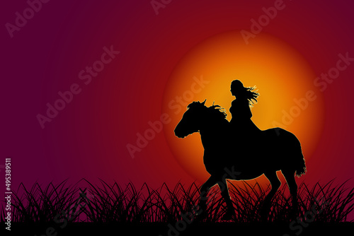 Girl on horse at sunset. Horse with rider silhouette on sundown sky background. Riding girl, twilight with red sun and night meadow. Woman and steed over wild west grass prairie. Vector illustration
