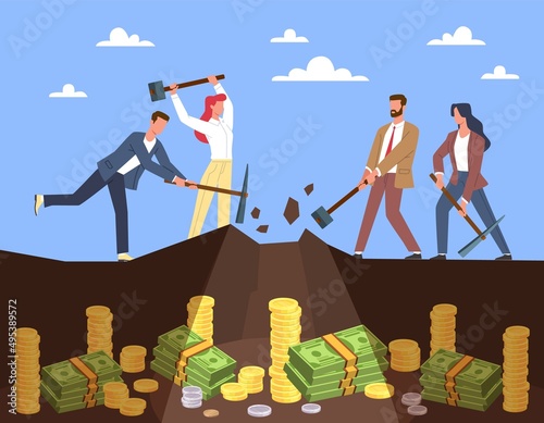 Extraction of money. People mining gold coins and stacks of currency, treasures underground, men and women working with hoes and pickaxes. Hard work, vector cartoon flat isolated concept