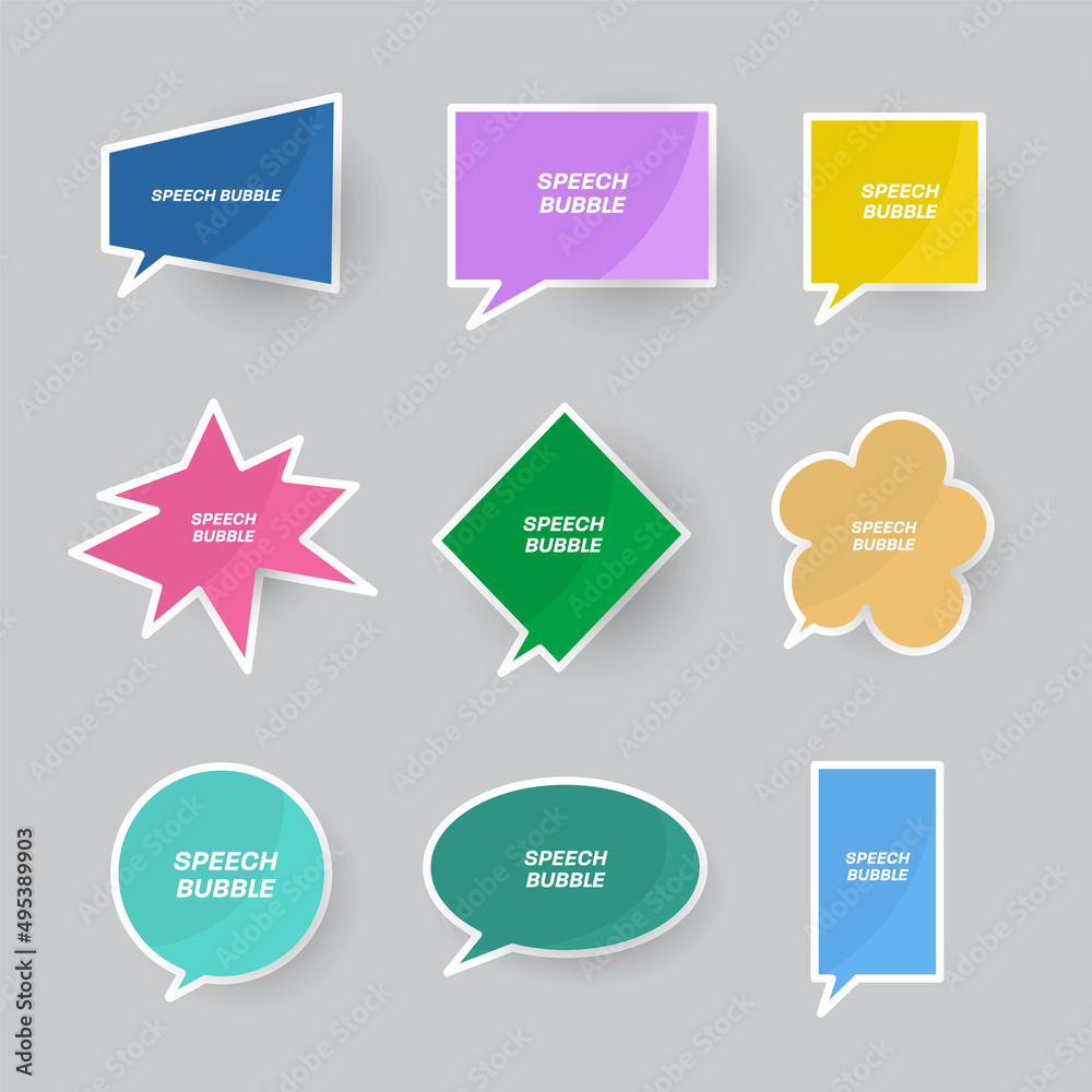 Set of vector colored speech bubbles for quotes with white stroke and glossy highlights.