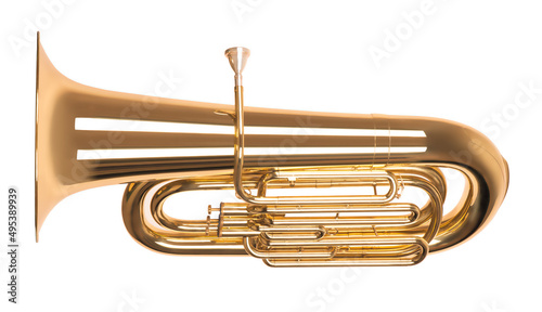 Golden tuba in hard light isolated on white background