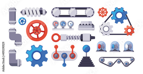 Mechanical parts. Gears buttons robotic arms engineering tools industrial items garish vector conveyor elements