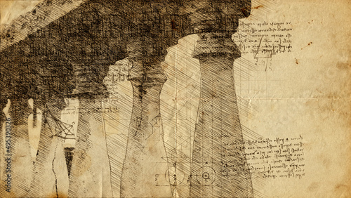 3d illustration - Engineering drawing in style of Leonardo Da Vinci