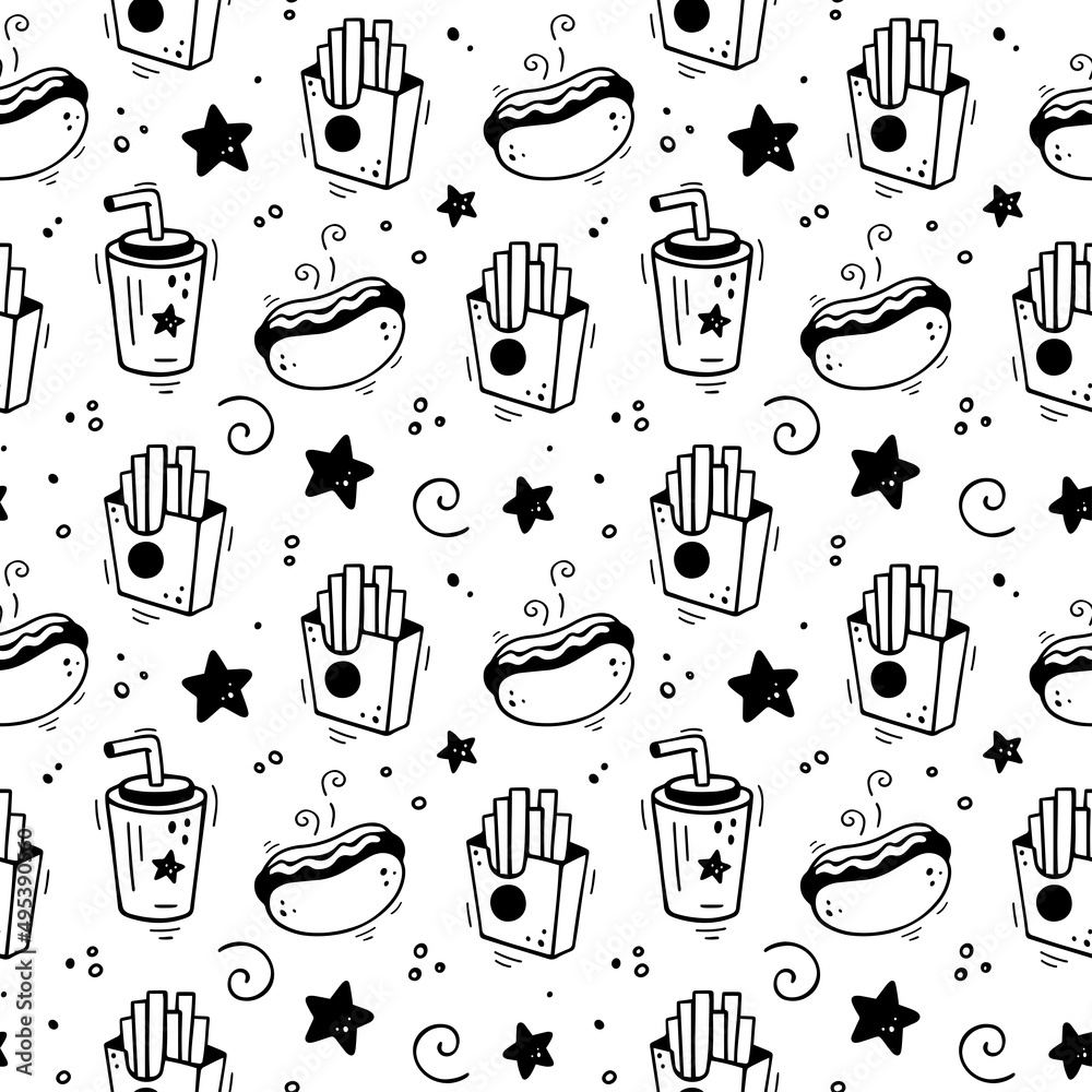 Hand drawn fast food combo seamless pattern. Comic doodle sketch style. Vector Fast food illustration. Sketch of hot dog, paper cup of beverage, french fries box and star.