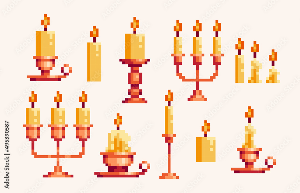 Candles and candlesticks, pixel art set. Wax light collection. 8-bit sprite. Game development, mobile app. Isolated vector illustration. Candles and candlesticks, pixel art set. Wax light collection. 8-bit sprite. Game development, mobile app. Isolated vector illustration.