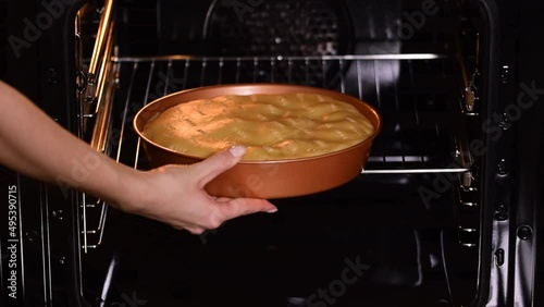 Put the tart in oven. Making Apple Tarte Tatin with Cinnamon series.