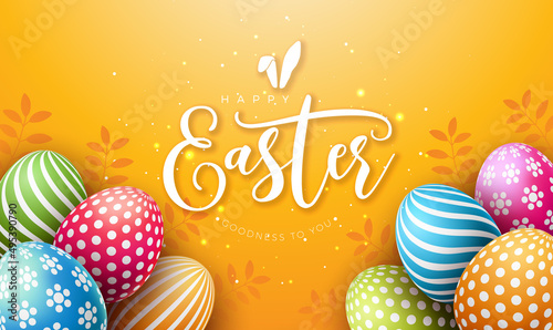 Vector Illustration of Happy Easter Holiday with Colorful Painted Egg and Typography Letter on Yellow Background. Easter Day Celebration Design for Flyer, Greeting Card, Banner, Holiday Poster or