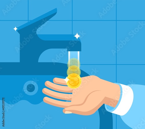 Saving water. Resource control, gold coins dripping from faucet, droplet in hand, consumption expensive clean aqua, environmental global problems, vector cartoon flat ecological concept