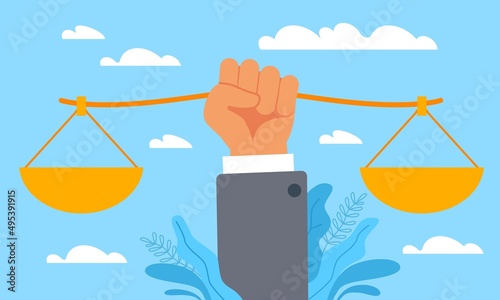 Victory of justice. Hand holding scales in balance. Legal services. Law, equality or freedom symbol, judgment sign. Fair judicial system. Bly sky background. Vector cartoon flat concept