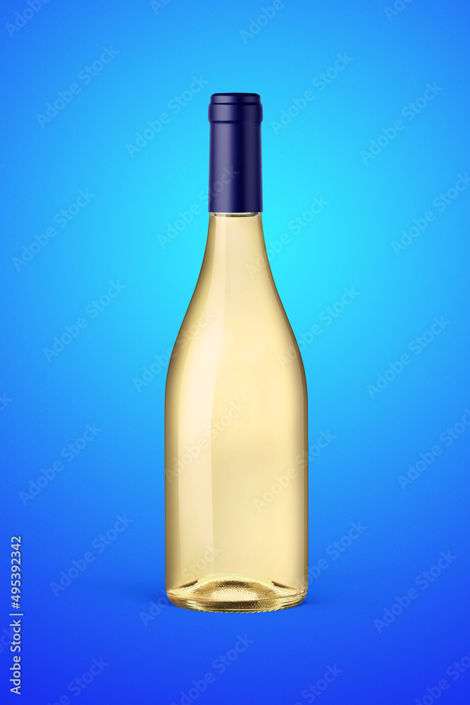 A clear bottle of white wine isolated on a blue background for mockup
