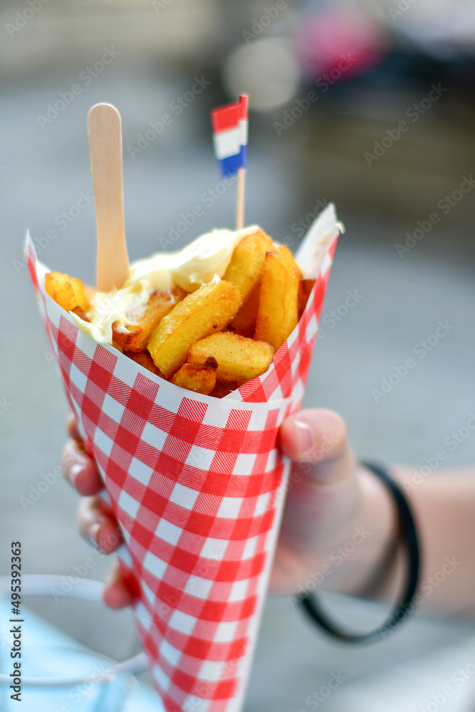 Dutch War Fries with the Canals of Amsterdam on the background. Typical