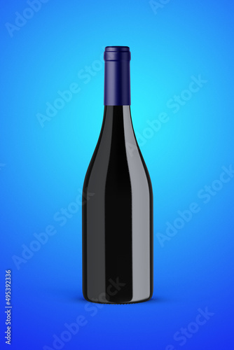 A black bottle of red wine isolated on a blue background for mockup presentation projects.