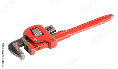 Red pipe wrench isolated on white background