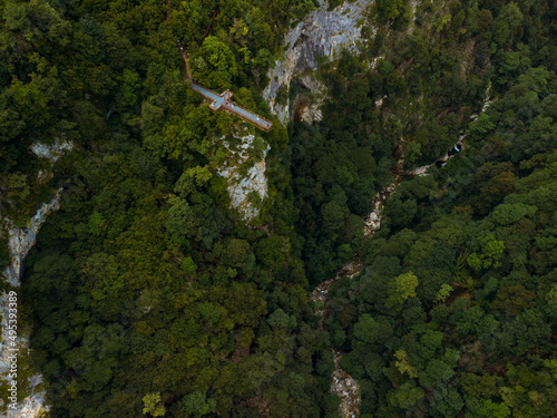 Okace canyon aerial view. The mountains are covered with green forest. Natural landscape. Vacation and Travel. Tourist place in Georgia.