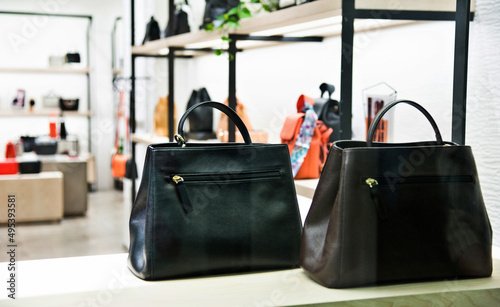 Two luxury handbags in a boutique store