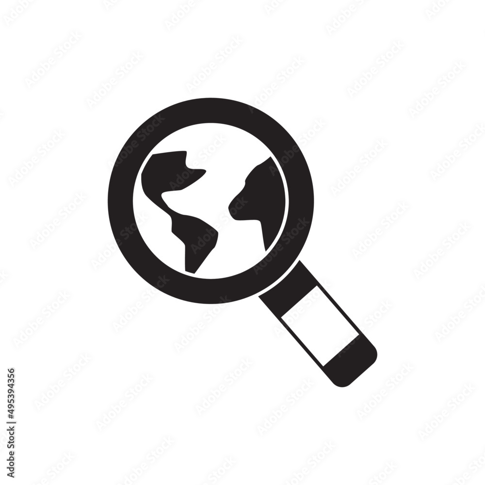 Searching location, World in a magnifying glass icon in black flat glyph, filled style isolated on white background Searching location, World in a magnifying glass icon in black flat glyph, filled style isolated on white background