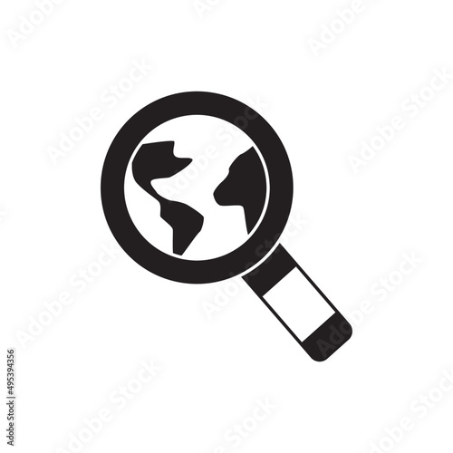 Searching location,  World in a magnifying glass icon in black flat glyph, filled style isolated on white background