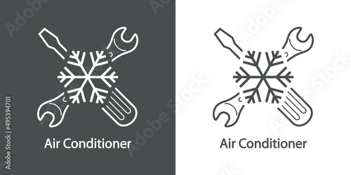 Reparación y servicio de aire acondicionado. Logo con texto Air Conditioner con herramientas con copo de nieve con líneas en fondo gris y fondo banco
