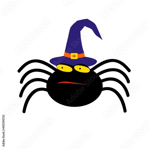 Cute spider in a witch hat. Happy Halloween Day theme. Vector illustration.