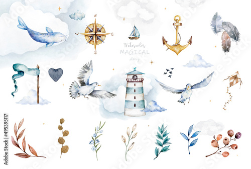 marine set, watercolor. clipart on a white background dedicated to the marine theme. seagulls, lighthouse, anchor, fish, compass, boat. the set of the young captain